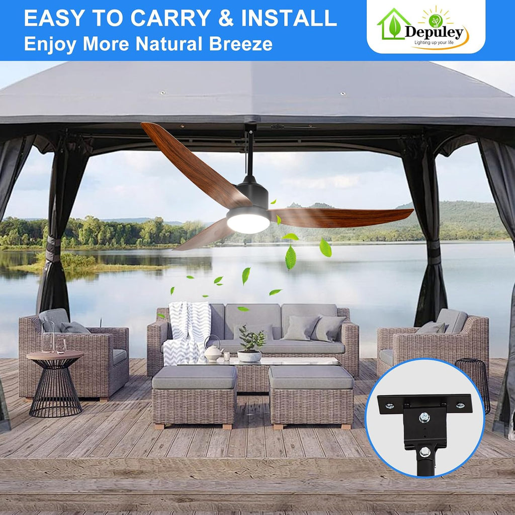 52 Inch Walnut Waterproof Gazebo Fans with Lights Outdoor Hanging - Plug in Fan for Patios - Dimmable Remote App Control