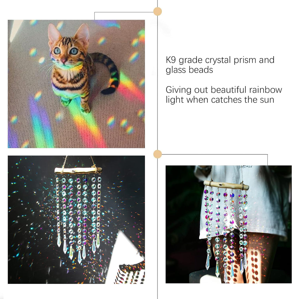 13 Inch Crystal Wind Chime, Hanging Prism Suncatcher Decor - Crystal Wind Chime with Colorful Glass Bead Chain