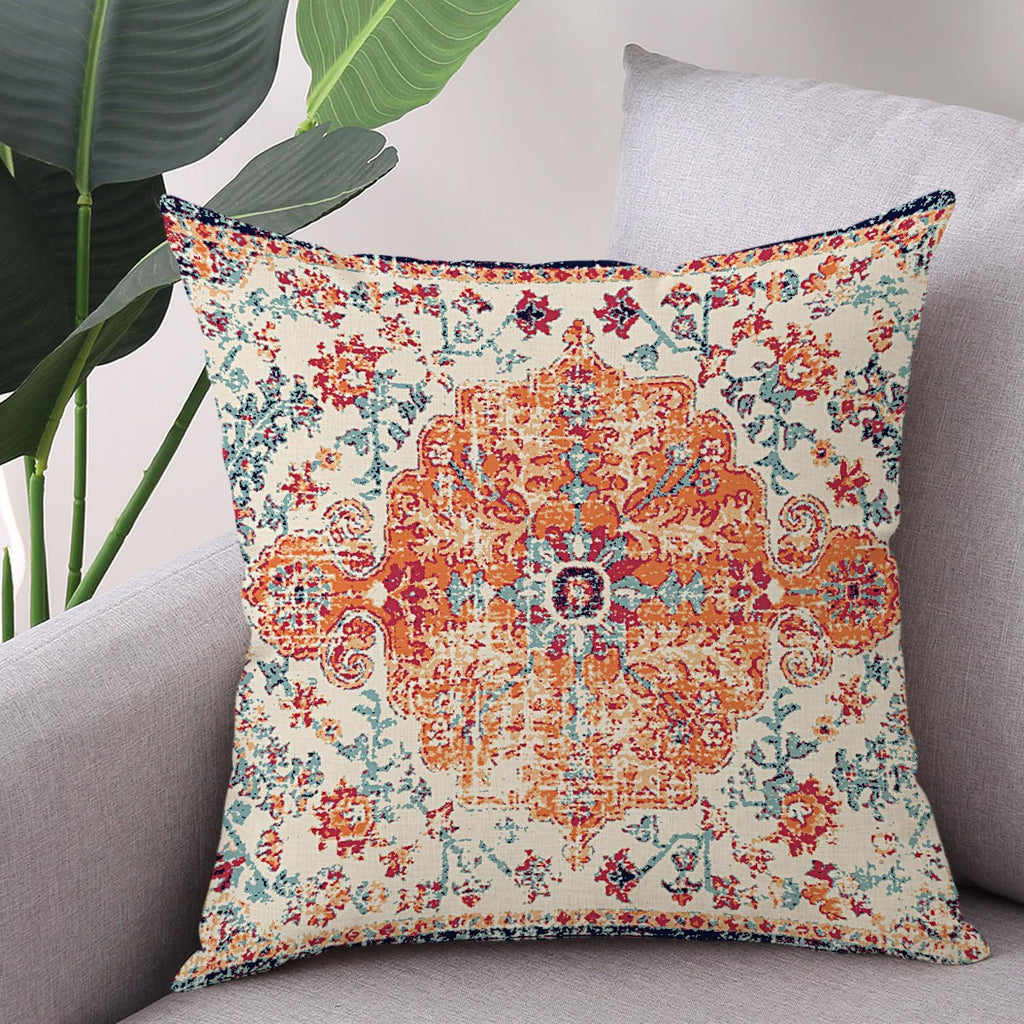 Outdoor Waterproof Pillow Covers 18X18 Inch Set of 2 - Bohemian Vintage Carpet Pattern Orange Blue Ethnic Design
