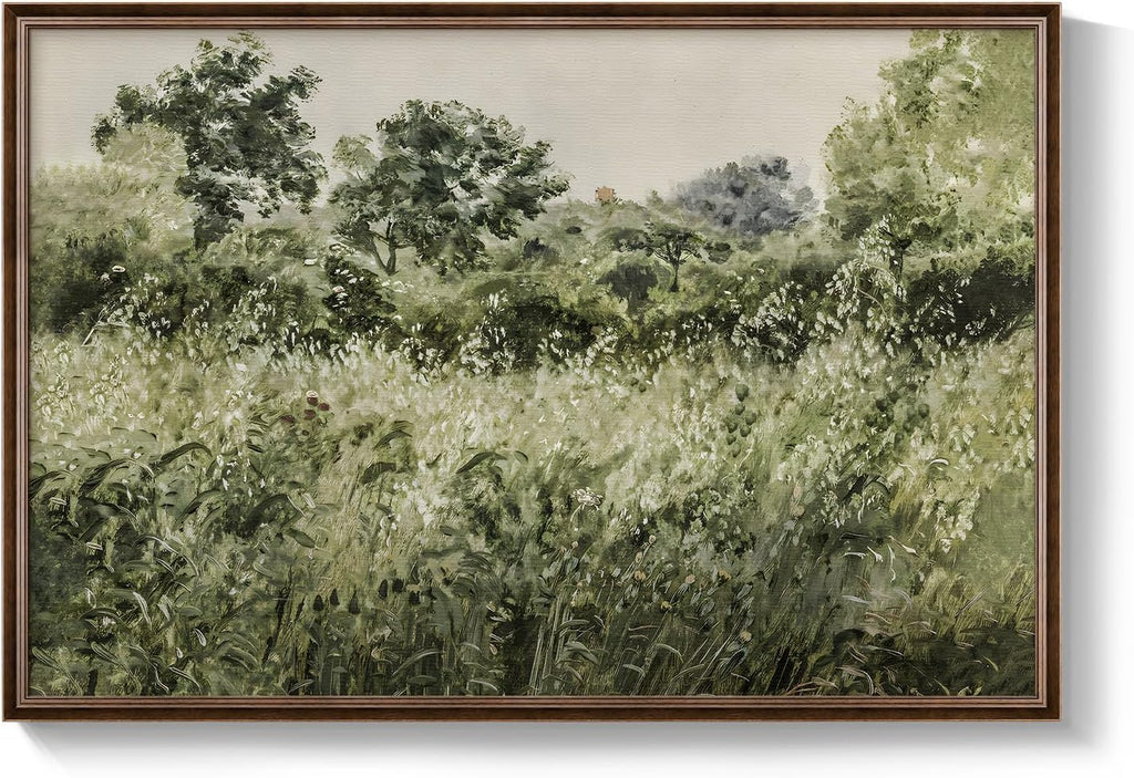 Large Framed Vintage Wall Art, Modern Farmhouse Green Botanical Landscape Canvas Painting Prints, Rustic Cottage Core