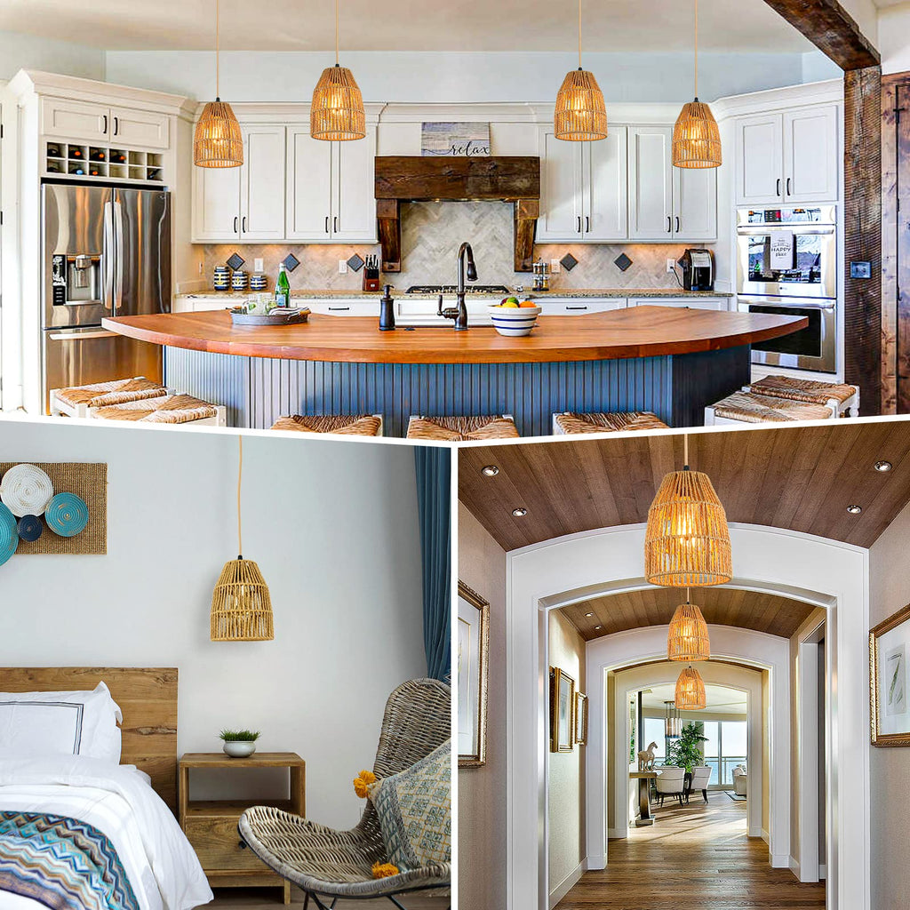 Plug in Pendant Light, Hanging Lights with 15ft Golden Cotton Cord & Stepless Dimming Switch, Handwoven Hemp Rope