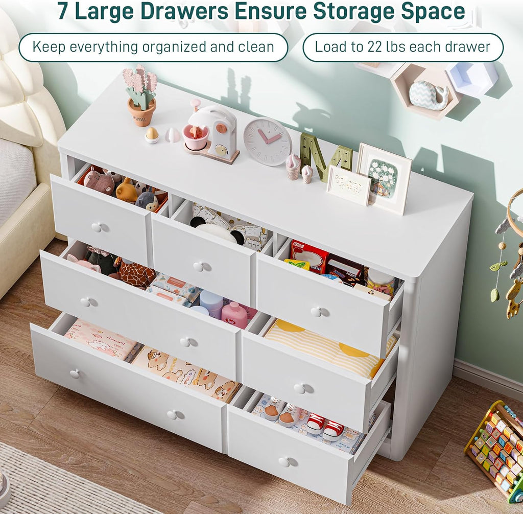 7 Drawers Dresser Cabinet, Kids & Nursery Storage Chest, Multi-Functional Wood Large Chest of Drawers, White Dresser