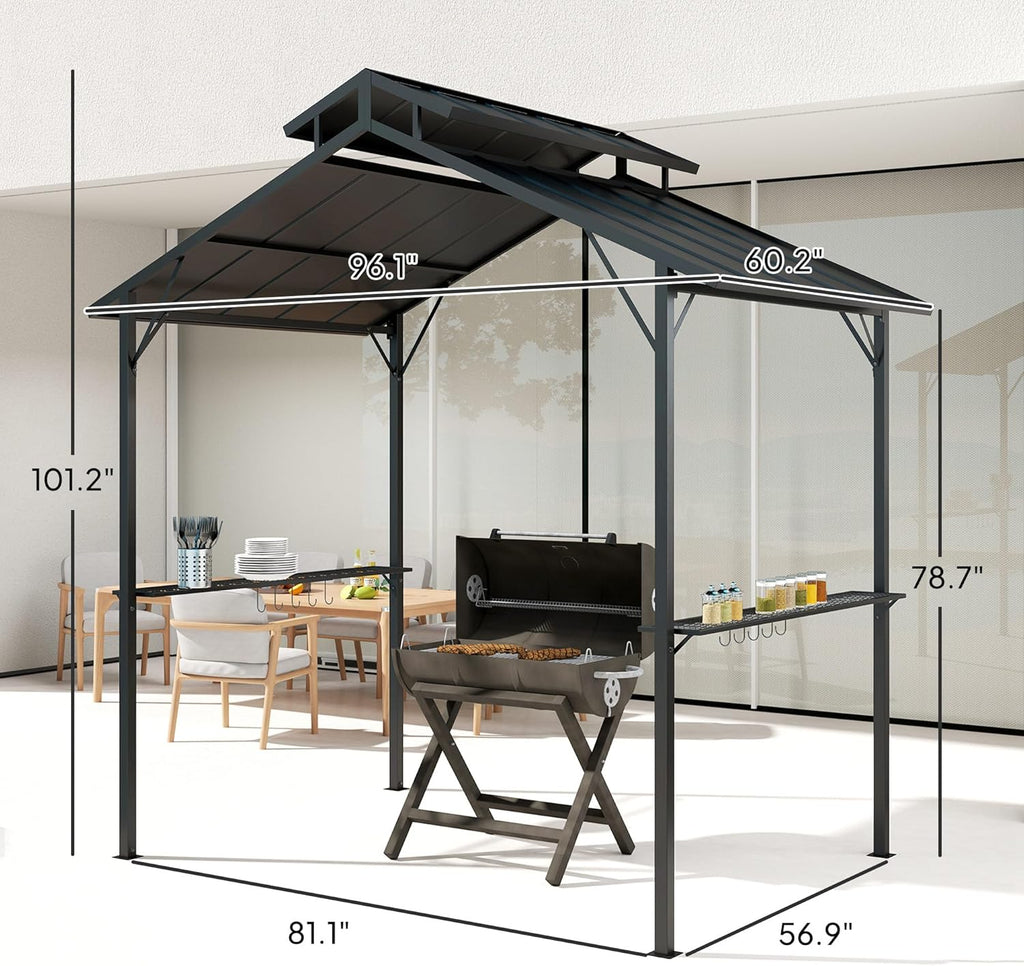 8' x 5' Hardtop Grill Gazebo, Outdoor BBQ Gazebo with Double Metal Roof, 2 Side Shelves and 10 Hooks