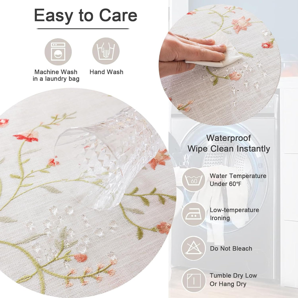 Linen Spring Flowers Tablecloth with Tassels, Rustic Farmhouse Embroidery Waterproof Table Cloths fo