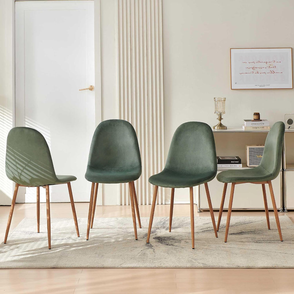 Dining Chairs Set of 4, Mid Century Modern Green Velvet Upholstered Fabric Kitchen Chairs with Backrest & Metal