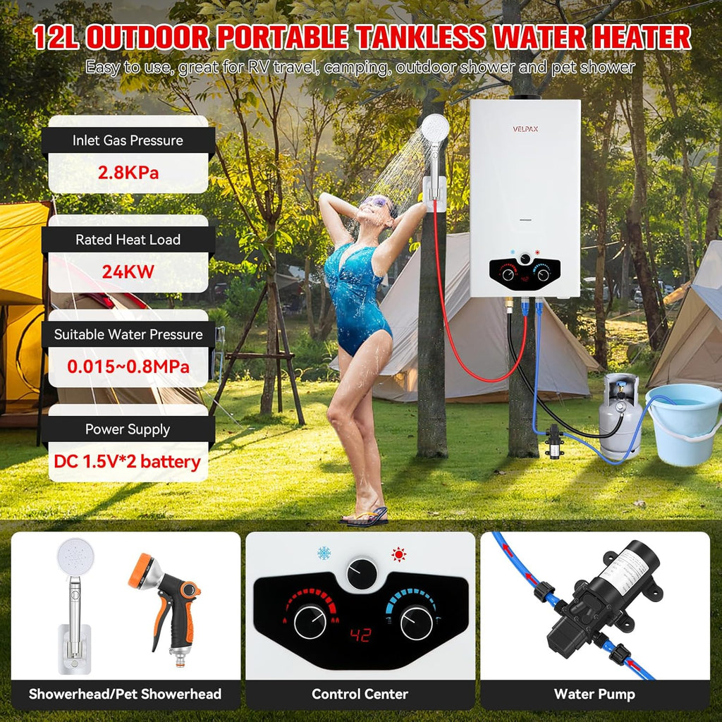 Tankless Water Heater Propane, 3.18GPM 12L Outdoor Portable water heater, with 2 GPM Water Pump