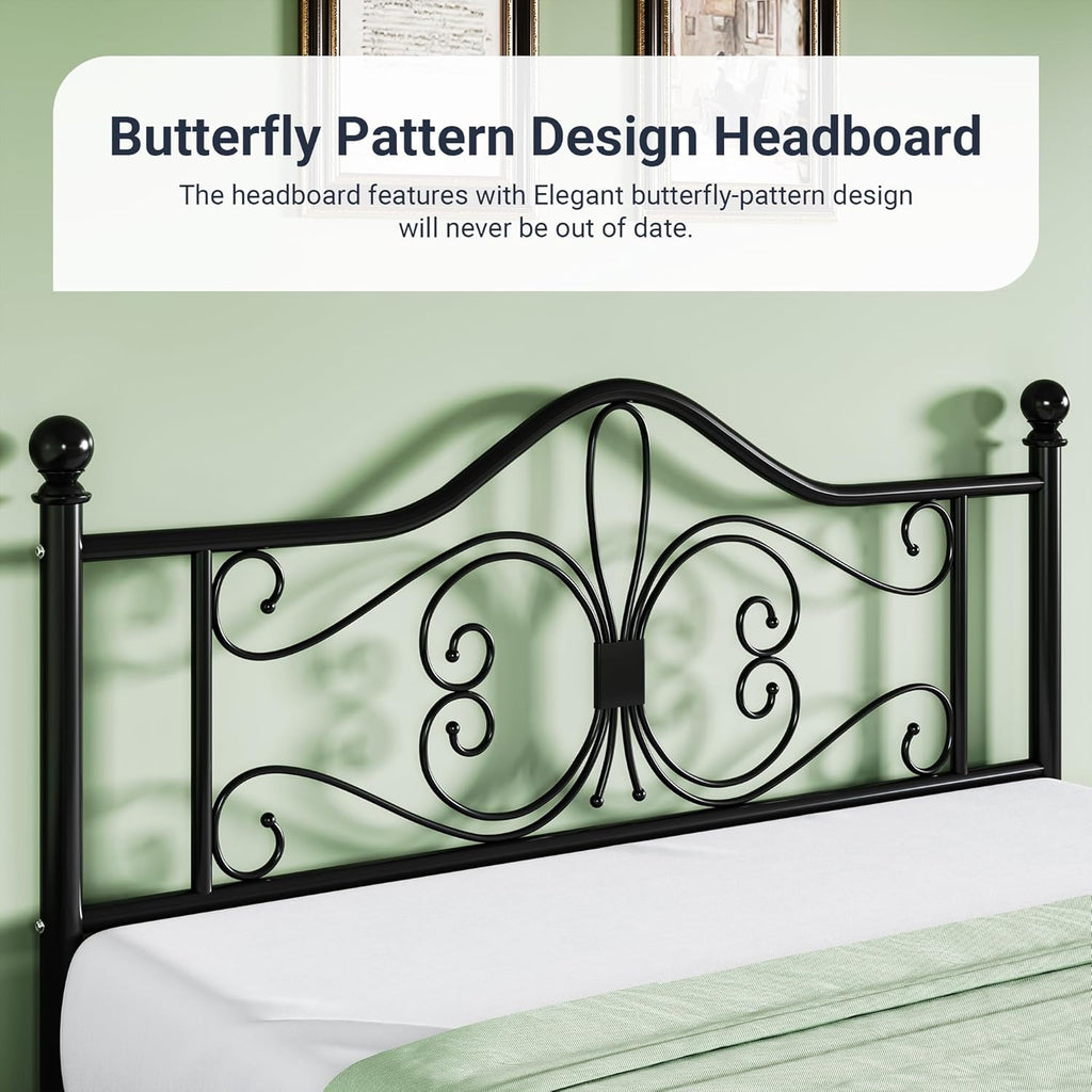 Full Bed Frame with Headboard,Metal Bed Frame with Butterfly Pattern Design Headboard & Footboard,No Box Spring