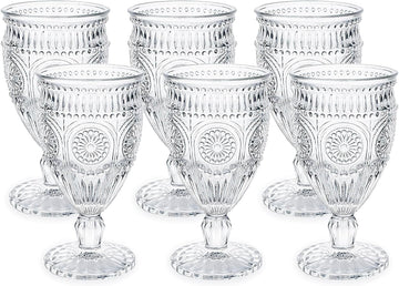 Vintage Goblet Glasses Set of 6, 10 oz Heavy-Duty Pressed Glass Water or Wine Glasses with Ornate Design for Dining