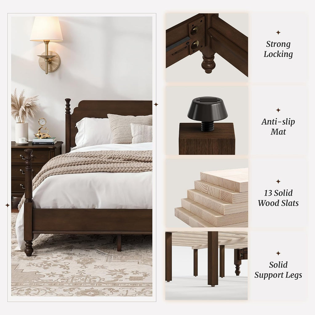 Solid Wood Spindle Post Bed Frame King with Headboard, Traditional Wooden Platform Bed, 13 Wood Slat Support, No Box