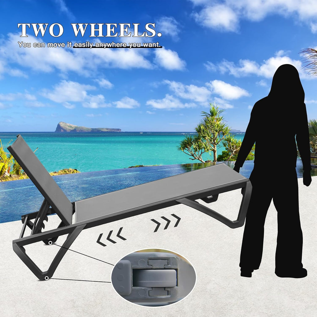 Pool Lounge Chairs Set of 2, Aluminum Adjustable Outdoor Chaise Lounge with Wheels, All Weather Outdoor Lounge