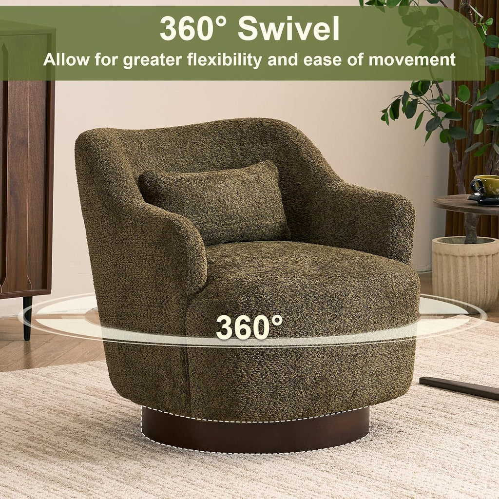 Swivel Accent Chair with Pillow, Solid Wood Base, Olive Green | 360°Swivel Accent Chair, Swivel Barrel Chair, Modern