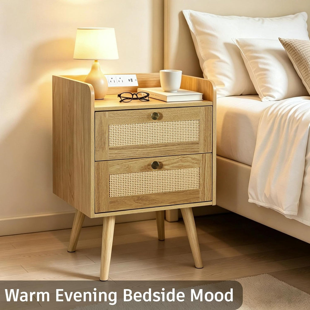 Nightstands Set of 2 with Charging Station, Modern Boho Rattan Bedside Tables with 2 Drawers,Open Storage End Tables