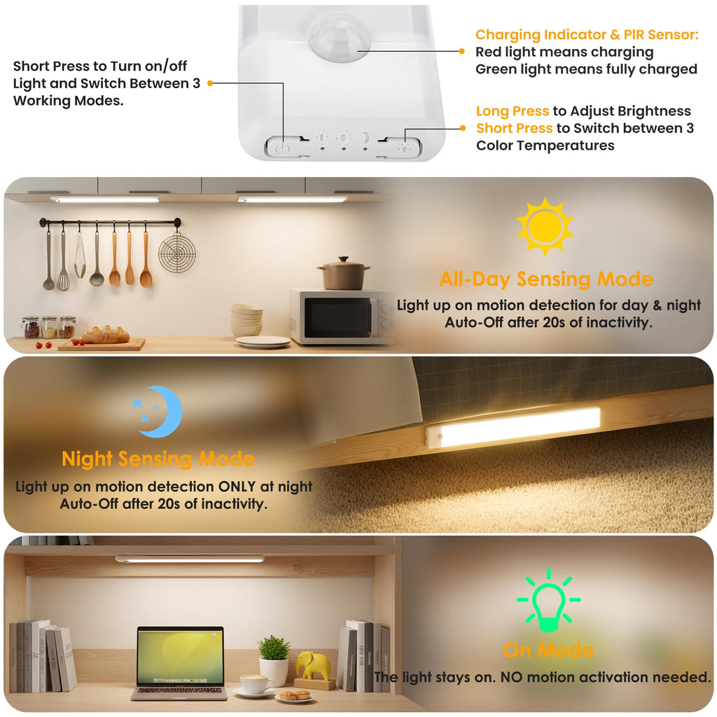 11.8 inch Motion Sensor Under Cabinet Light, 5-Pack, 3 Color