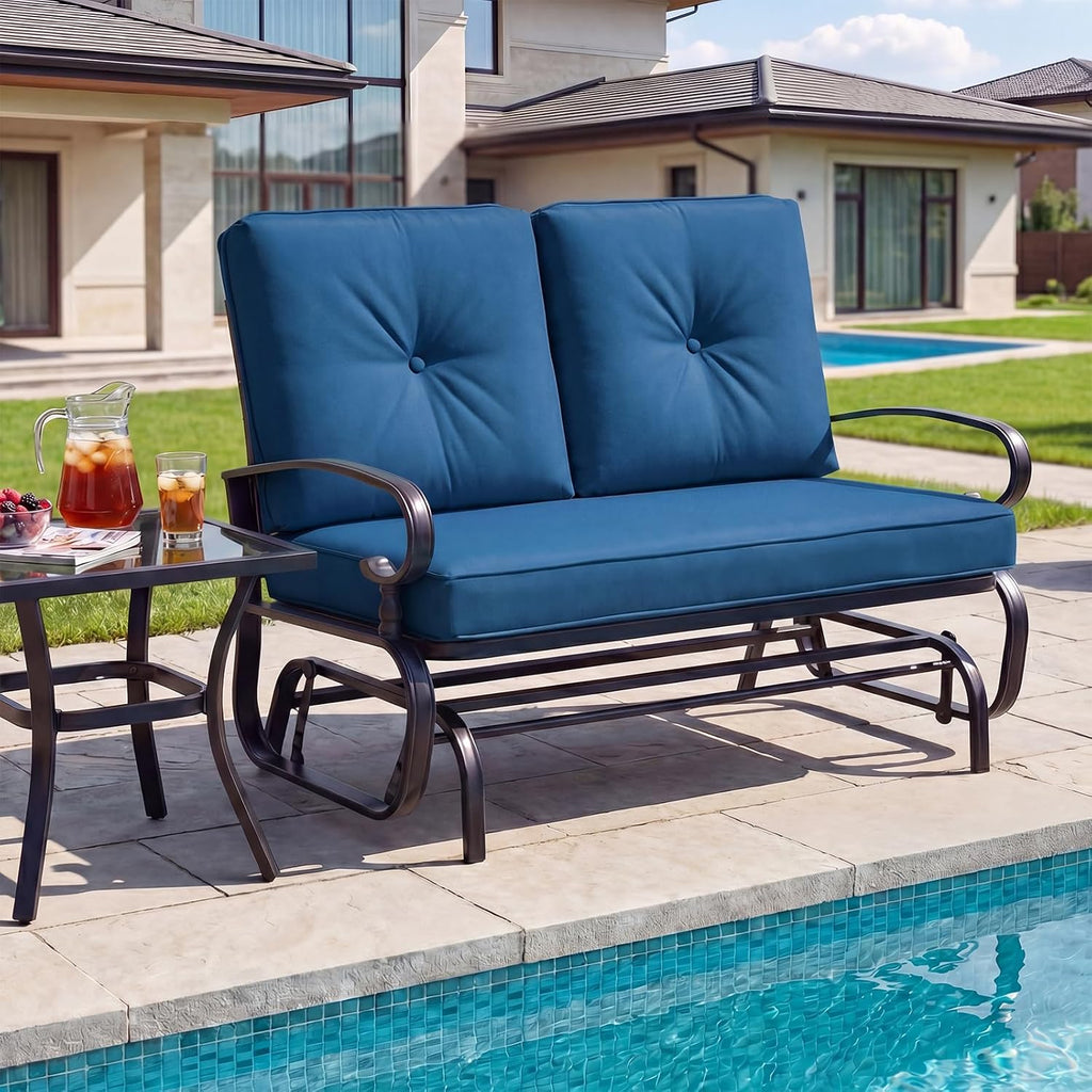 Outdoor Glider Bench, Patio 2 Person Loveseat with Removable Cushion, Thick Padded Seat, Stable Steel Frame, Outside