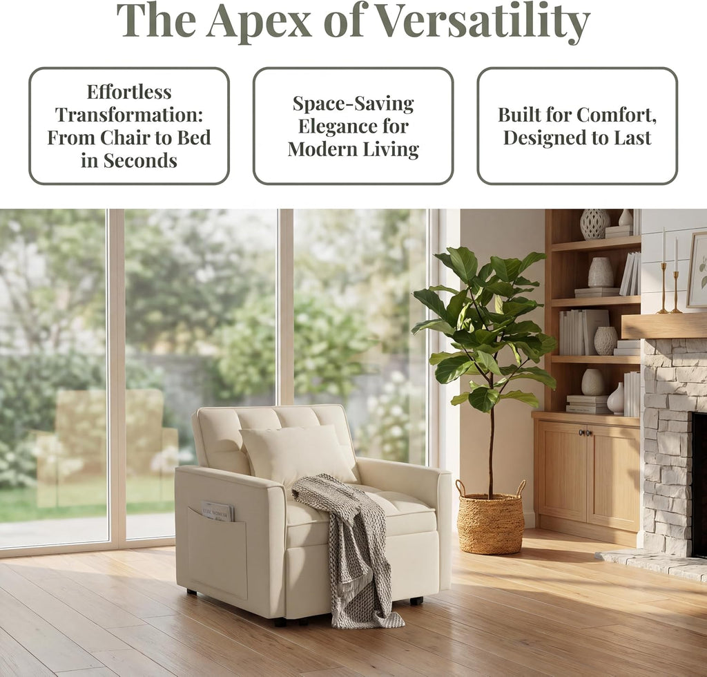 Sleeper Chair with Pull Out Bed, 3 In1 Convertible Couch Bed, White | Adjustable Backrest,Soft Cushioning,Handy Side