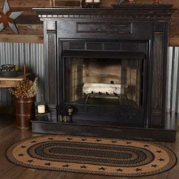 Farmhouse Primitive Black Jute Rug Oval Stencil Stars Border w/Pad 36"x60"