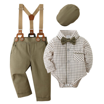 Baby Boy Gentleman Outfit Baby Boy Clothes Dress Shirt/Bowtie/Suspender Pants Set Green