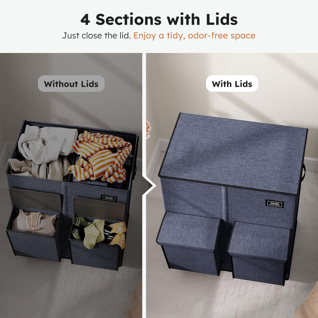 180L Double Laundry Hamper with Lid and 2 Side Pockets, Dual Hamper | 2 Section Laundry Basket, Removable & Washable