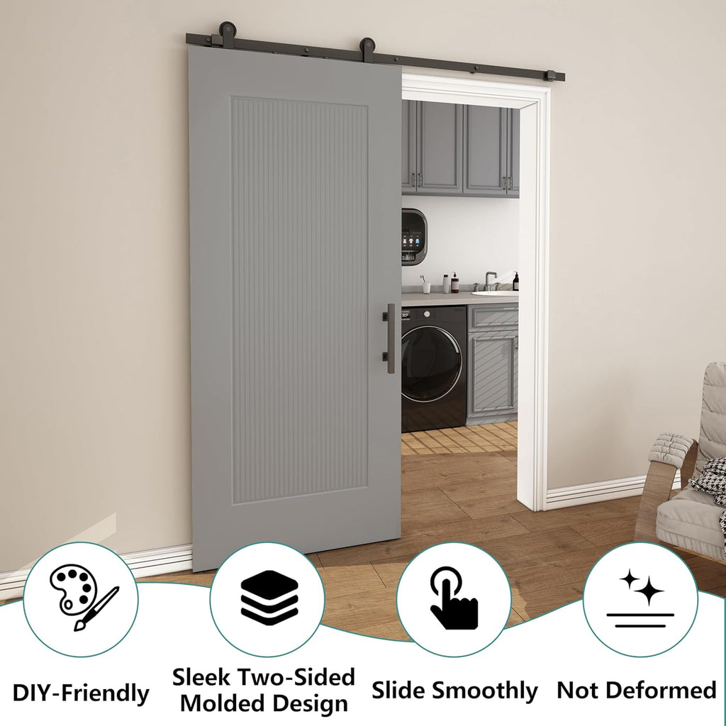 36''x84'' Sliding Barn Door, 1 Panel Reeded White Primed Sliding Closet Door with Matte Black 6FT Ha