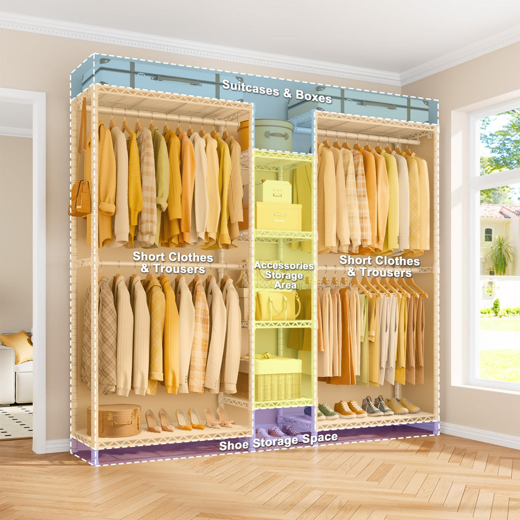 E4L L-shaped Clothing Rack for Corner, Heavy-Duty Freestanding Garment Rack, Metal Clothes Storage Organizer System