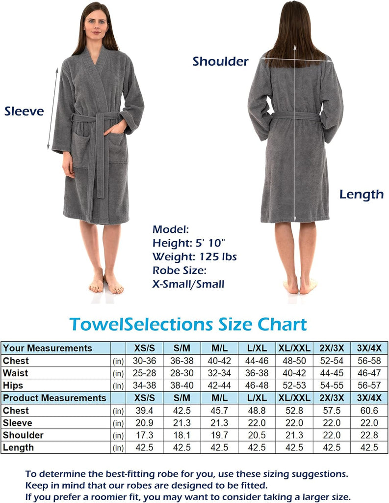 Womens Robe Cotton Kimono Bathrobe for Women Knee Length Terry Cloth Towel Robes for Women XS to 4X