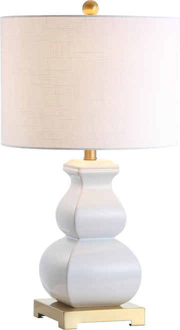 25.5" White/Gold Ceramic Table Lamp Bedroom, White Linen Shade, Modern Footed Vase Bedside Lamp, LED