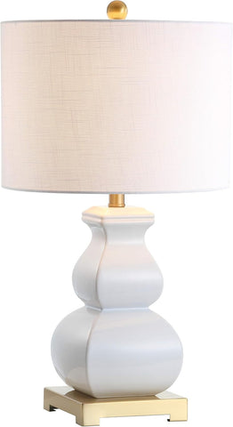 25.5" White/Gold Ceramic Table Lamp Bedroom, White Linen Shade, Modern Footed Vase Bedside Lamp, LED