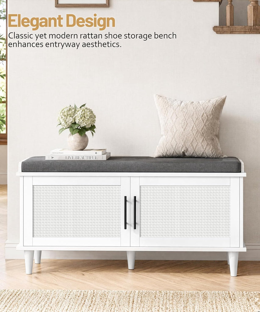 Rattan Shoe Storage Bench with Cushion, 2-Tier Entryway Bench with Adjustable Shelves and 2 Doors, 15" D x 39.4" W x
