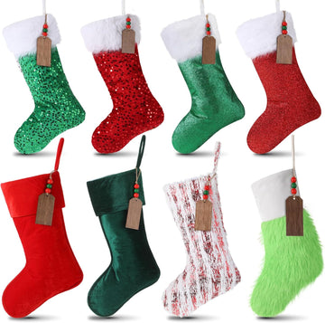 8 Pack 20in Christmas Stocking and 8Wood Hanging Tag, Red Green | Farmhouse Plush Velvet Scales Glitter Xmas