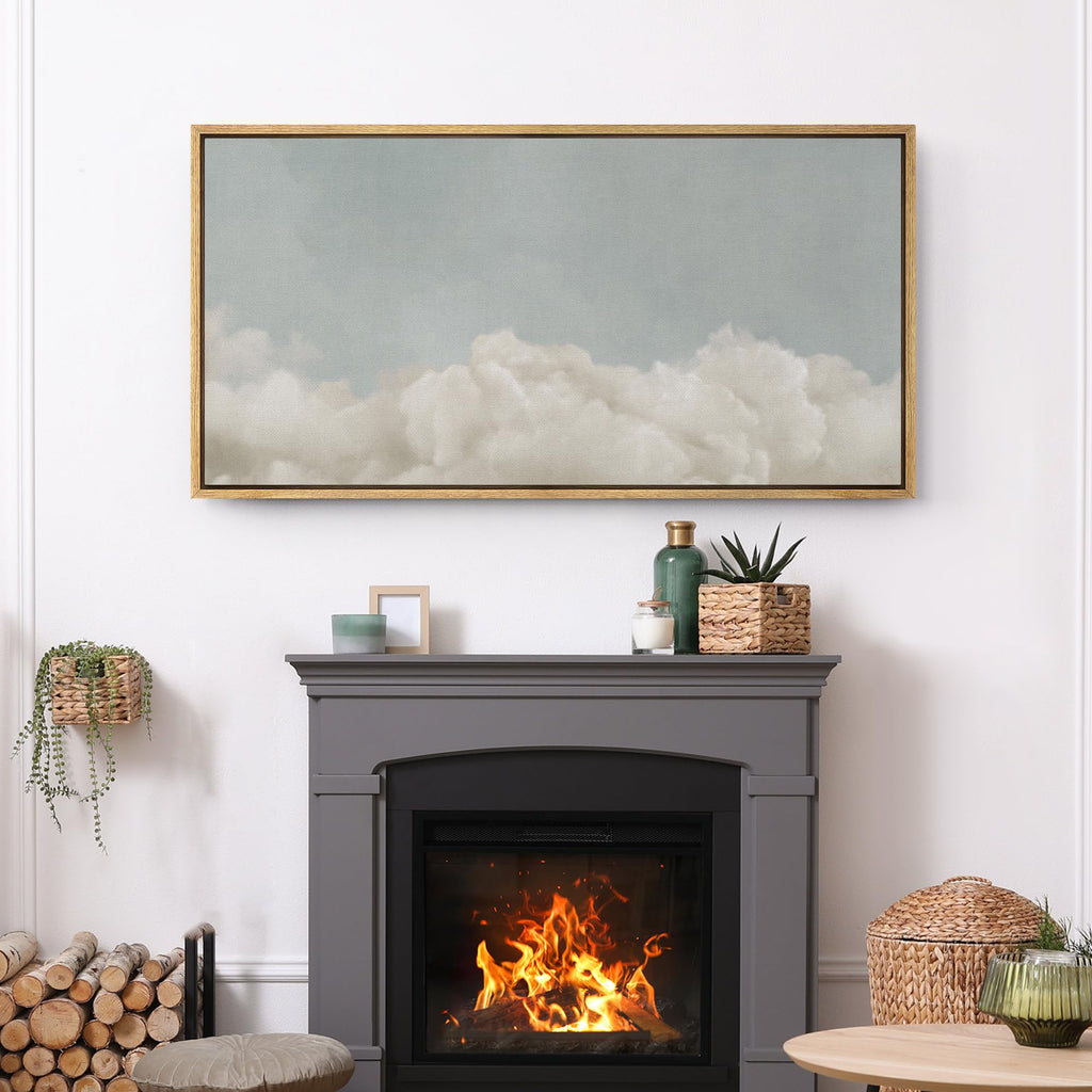 Extra Large Framed Canvas Print Wall Art Cloudscape Soft Sky and White Cloud Illustrations Modern Art Calm Warm
