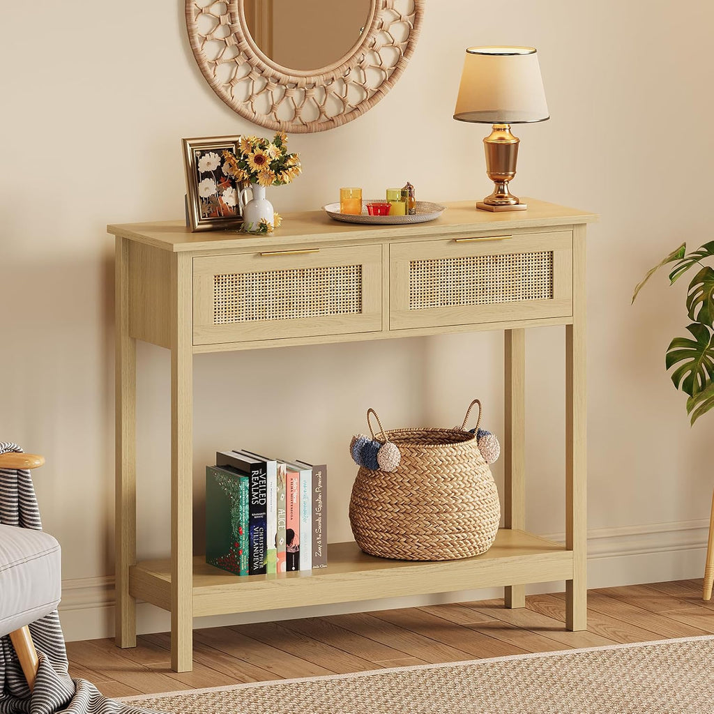 Farmhouse Rattan Console Table with 2 Drawers 2 Tier Boho Narrow Long Sofa Table Natural with Open Storage Shelf Wood