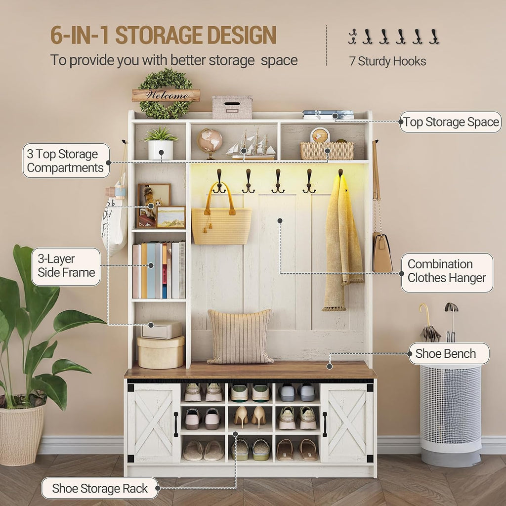 47.2" Hall Tree, LED Farmhouse Entryway Storage and Coat Rack Wood, Entryway Furniture with 7 Hooks, Hall Tree with