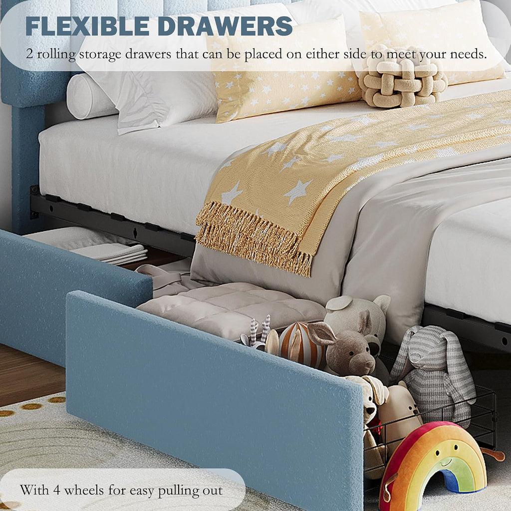 Twin Bed Frame for Kids, Boucle Upholstered Platform Bed for Boys with 2 Flexible Drawers, Bookcase Headboard