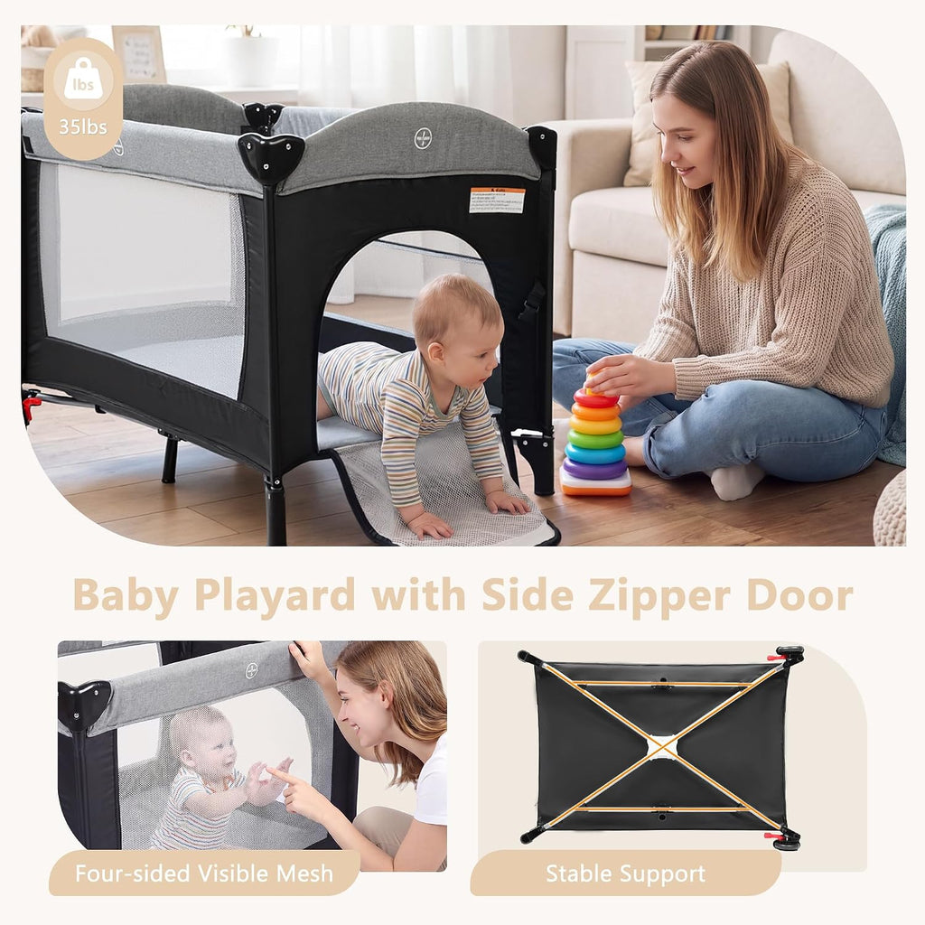 4 in 1 Portable Baby Playard, Baby Bedside Crib, Grey | Foldable Pack and Play w/Bassinet, Newborn Changing Table