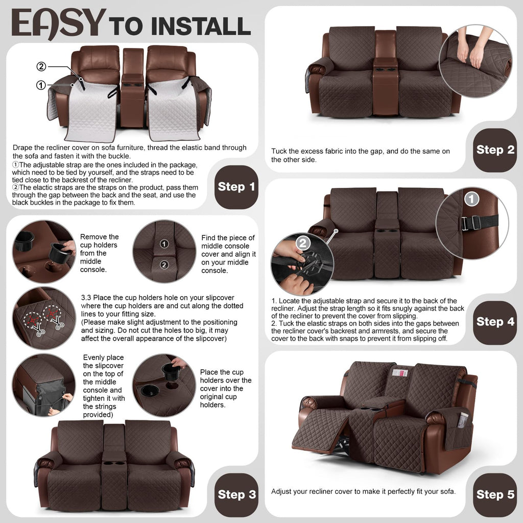 100% Waterproof Loveseat Recliner Cover with Console, Chocolate