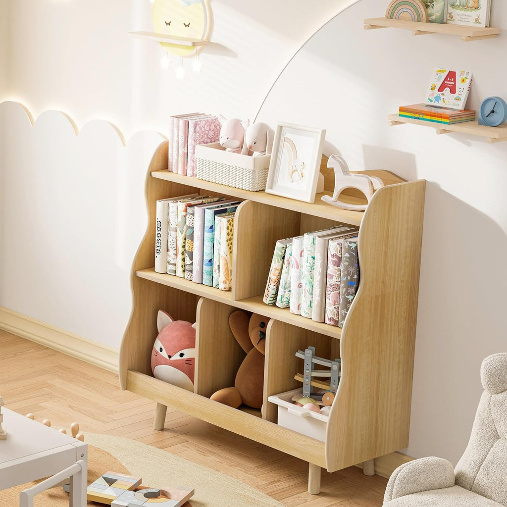 Kids Bookshelf and Toy Storage Orangizer, 3-Tier, Curve | Children's Bookcase, Curve Design, 5 Cubbies Toy Storage