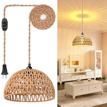 Plug in Pendant Light Rattan Hanging Lamp with 15 Ft Hemp Rope Cord