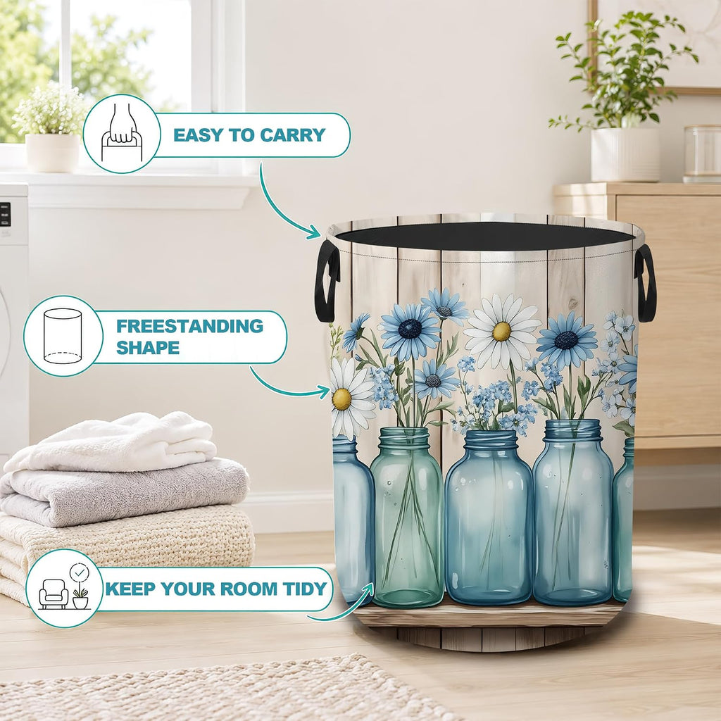 Laundry Basket,Blue Mason Jars Foldable Clothes Hamper with Handles,Daisy Flowers Waterproof Oxford Cloth Storage