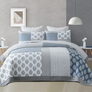 Quilt, 100% Cotton Comforter, Blue Grey Farmhouse Quilted Bedspread, Patchwork Lightweight