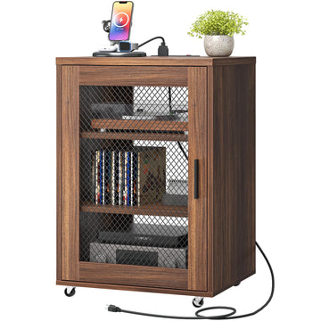 Media Cabinet with Charging Station, Stereo Cabinet with Wheels, Audio-Video Media Stand with Adjustable Shelves and