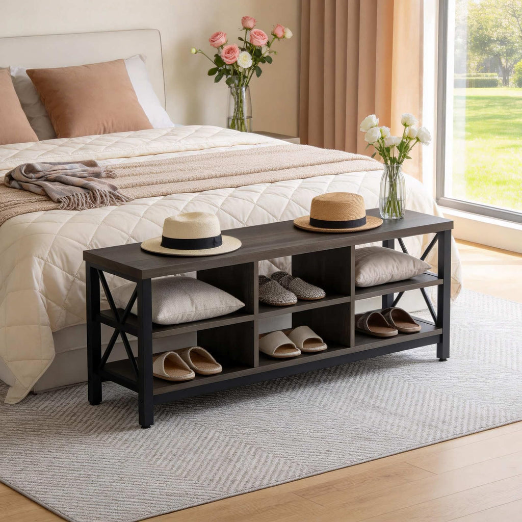 Industrial Shoe Bench with Storage, Rustic Entryway Bench