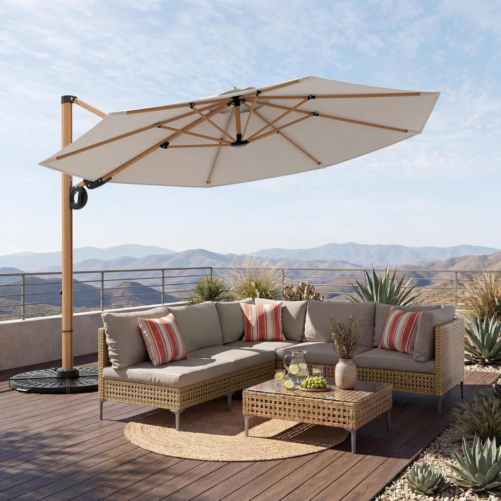 12 FT Patio Umbrella, Outdoor Cantilever Round Umbrella with 360° Rotation, Aluminum Offset Umbrella Pool, Beige