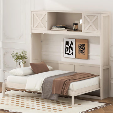 Full Murphy Bed with Storage Cabinets, Rustic Solid Wood Wall Bed with 3 Cabinet Shelves, Space Saving Foldable Bed