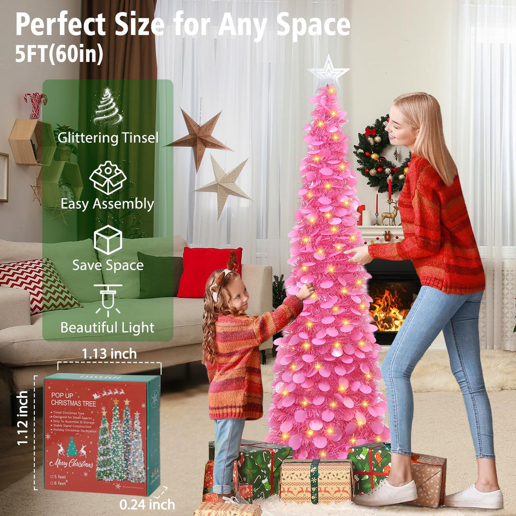 5 FT Pop Up with Timer Lights, Hot Pink Christmas Tinsel Tree, Collapsible Artificial Pencil for Indoor Home