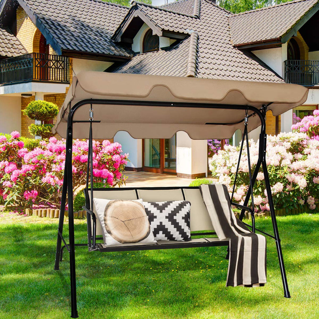 3 Person Patio Swing, Steel Frame with Polyester Angle Adjustable Canopy, All Weather Resistant Swing Bench, Suitable