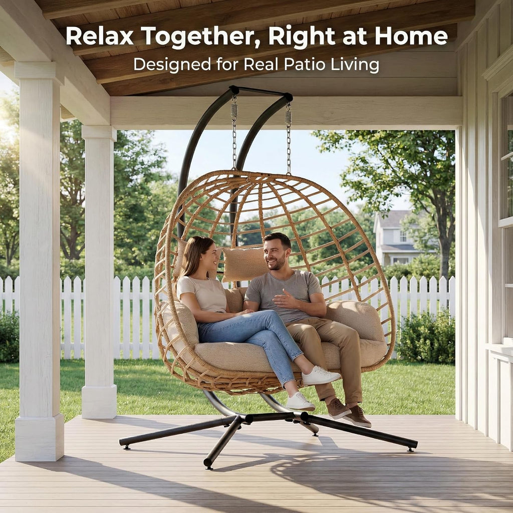 Double Hanging Egg Chair with Stand, Outdoor Patio 2 Person Wicker Hammock Swing Chairs with Cushion Loveseat for