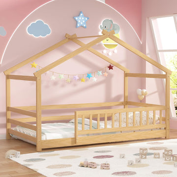 Twin Size House Bed for Kids, Twin Montessori Floor Bed with Roof and Guardrails, Solid Wood Low-Profile Frame