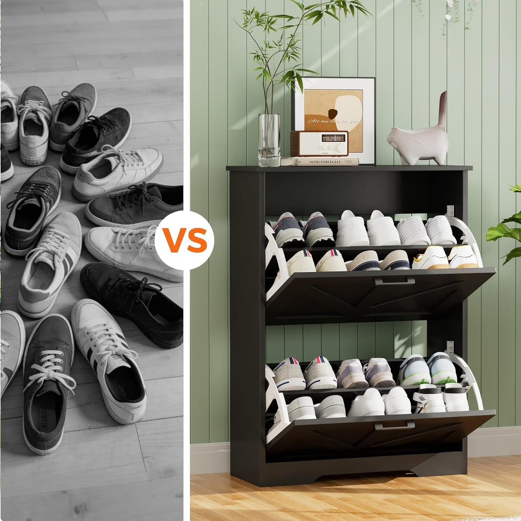 Farmhouse Shoe Cabinet with 2 Barn-Style Flip Drawers, Narrow Shoe Storage Organizer with Top Display Shelf
