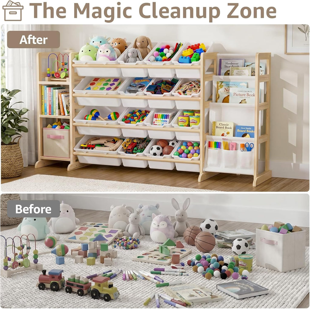 Large Toy Storage Organizer with Bookshelf - 3 Shelves and 12 Bins Kids Solid Pine Wood Toy Organizer with 3 Tier