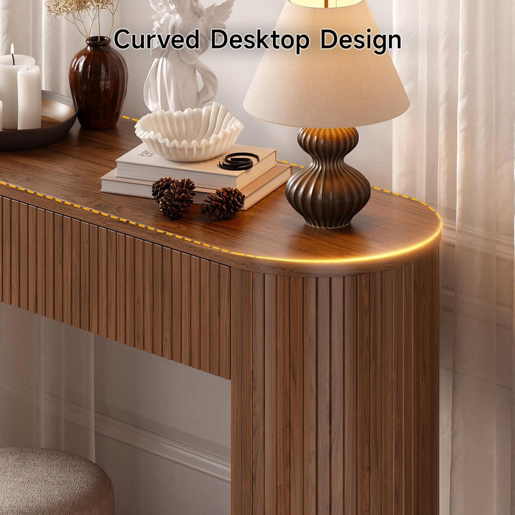 55 Inch Console Table with 2 Drawers, Entryway Tables with Storage,Walnut | Fluted Sofa Table Behind The Couch